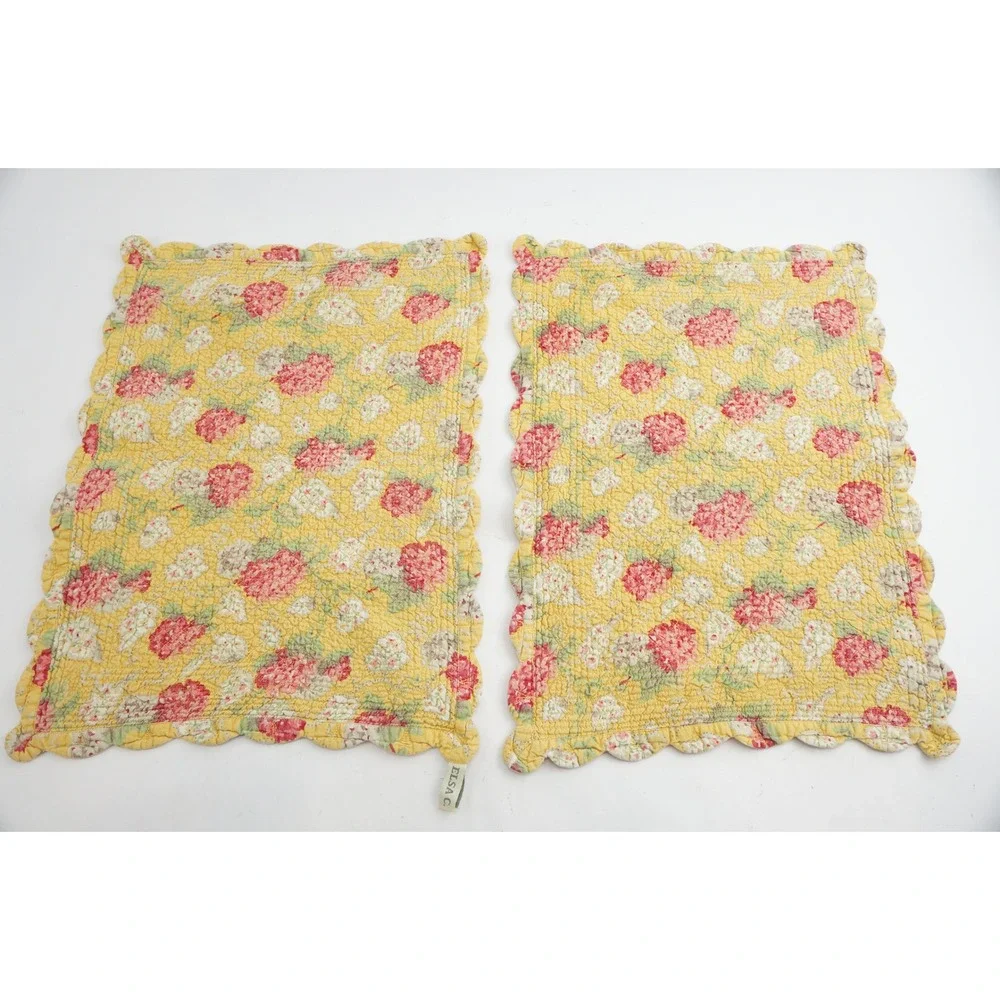Elsa C.‎ Quilted Placemats Set of 2 Yellow Red Floral Scalloped Reversible VGC